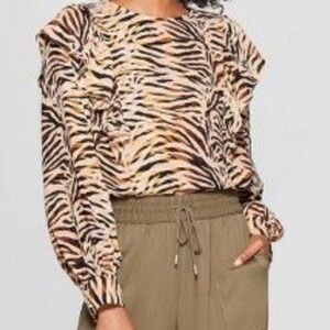 Who What Wear Women's Zebra Print Ruffle Long Sleeve Top Small NWOT